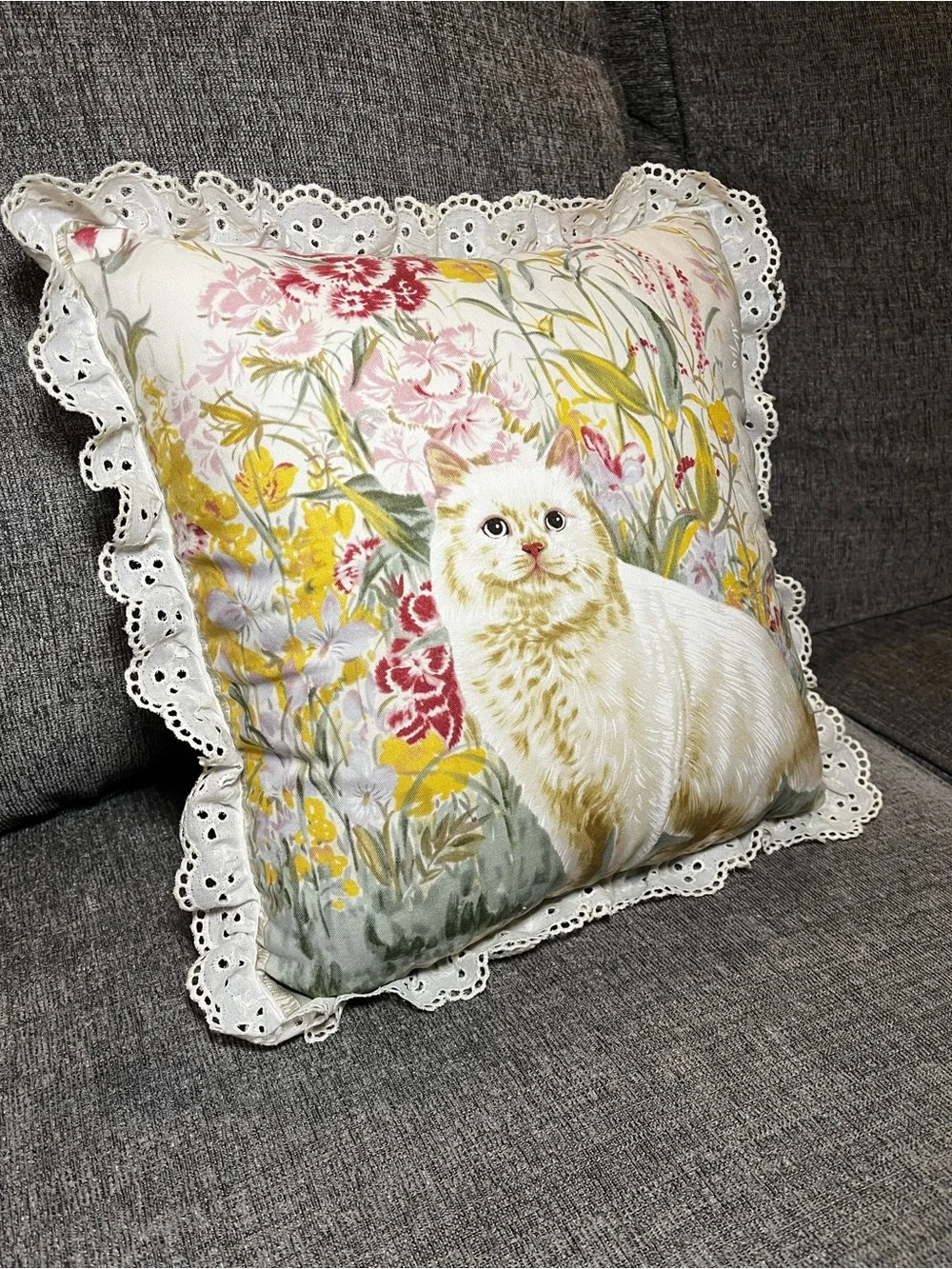 Vintage Floral Cat Pillow Throw Pillow with Eyelet Lace Ruffle Cottagecore Decor